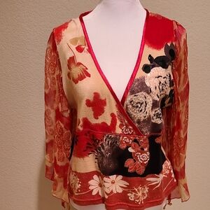 chaudry Floral V-Neck Wrap Top - Red and Black Size L